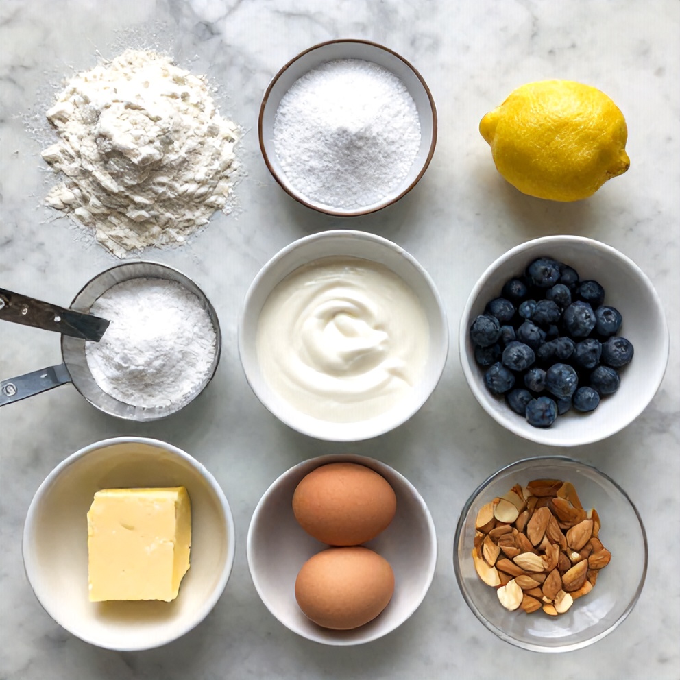 Raw ingredients for Lemon Blueberry Bread on a marble surface