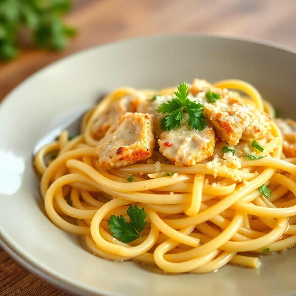 Lemon Chicken Pasta plated with fresh parsley and grated Parmesan
