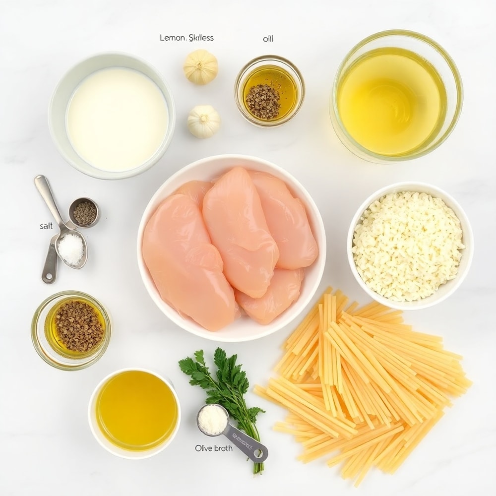 Raw ingredients for Lemon Chicken Pasta including chicken, lemon, garlic, and pasta