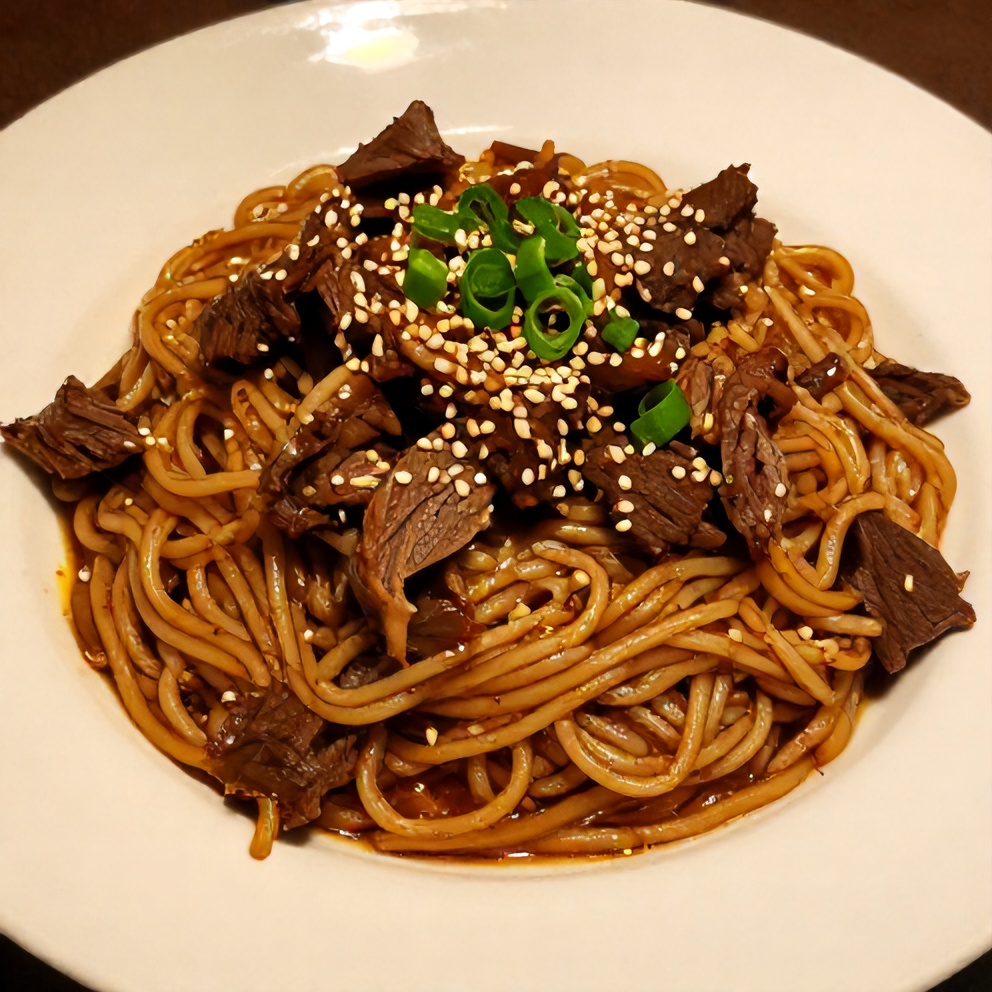Plated Mongolian Ground Beef Noodles