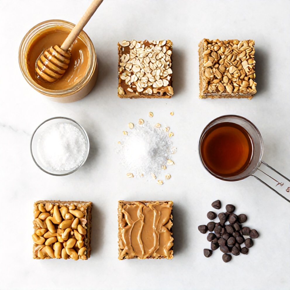 Ingredients for No-Bake Peanut Butter Oat Bars on a marble surface