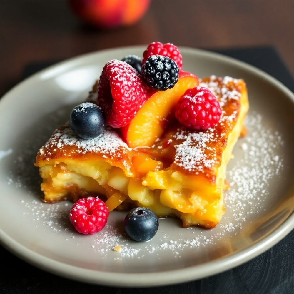 Plated Easy Peach Cobbler French Toast Bake with a sprinkle of powdered sugar and fresh berries