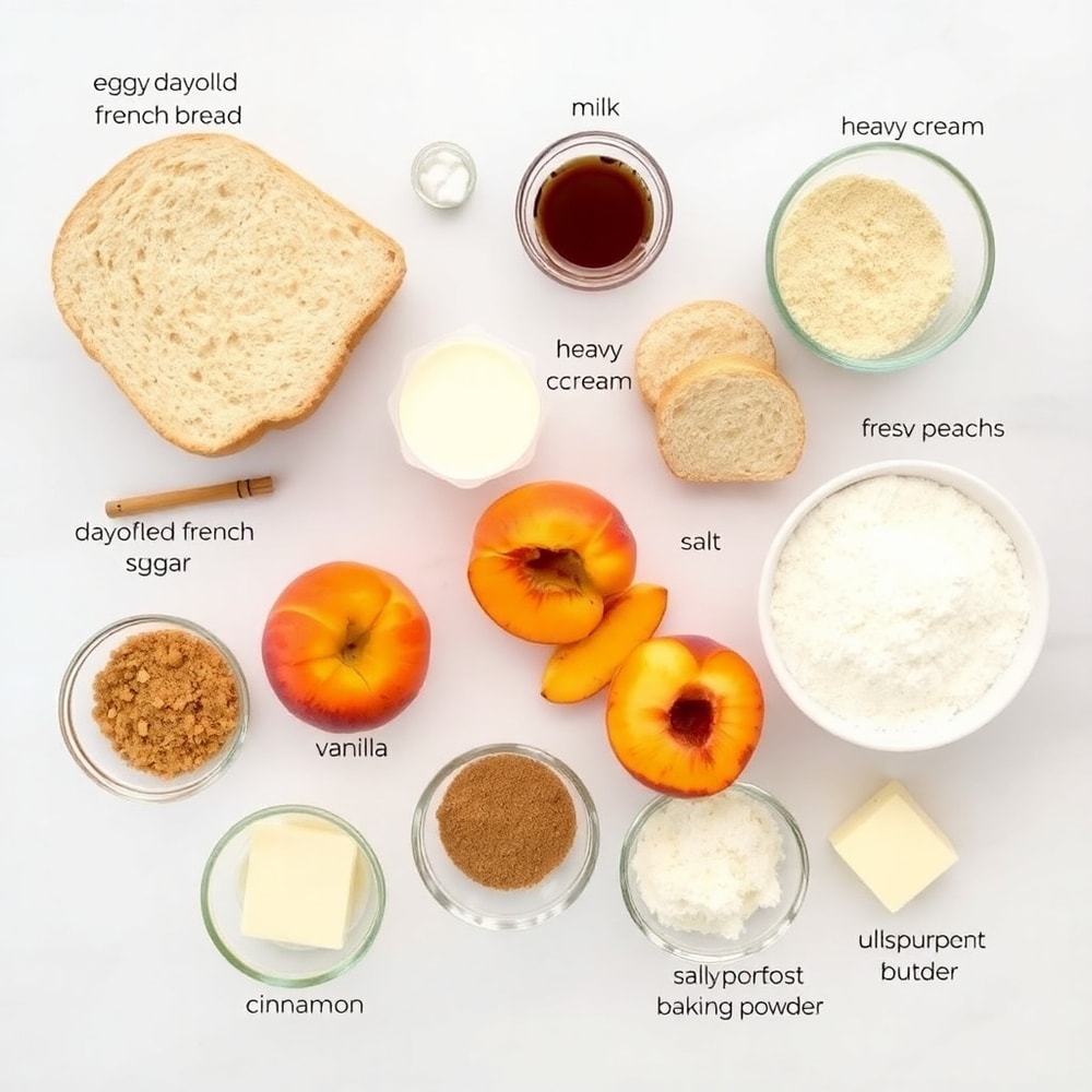 Raw ingredients for Peach Cobbler French Toast Bake including bread, eggs, and fresh peaches
