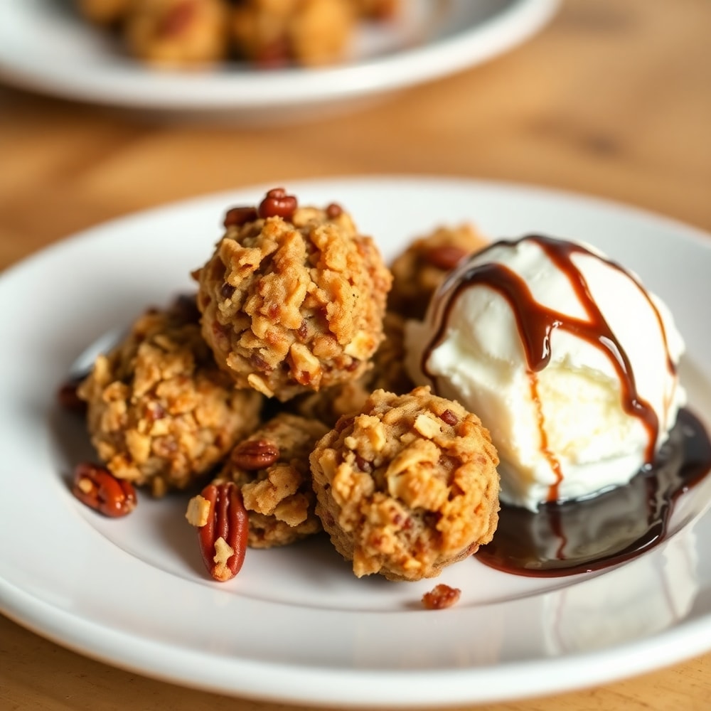 Pecan Crunch Bites on a plate with a scoop of vanilla ice cream