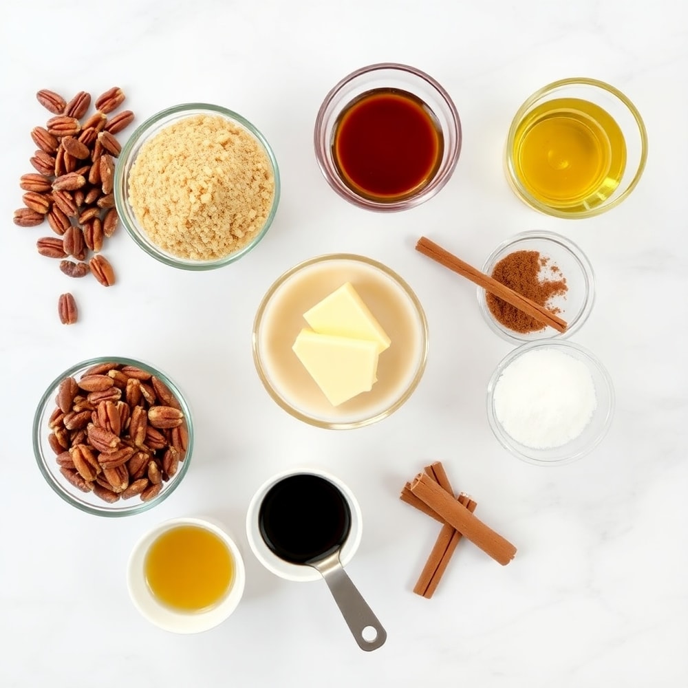 Raw ingredients for Pecan Crunch Bites on a white marble surface