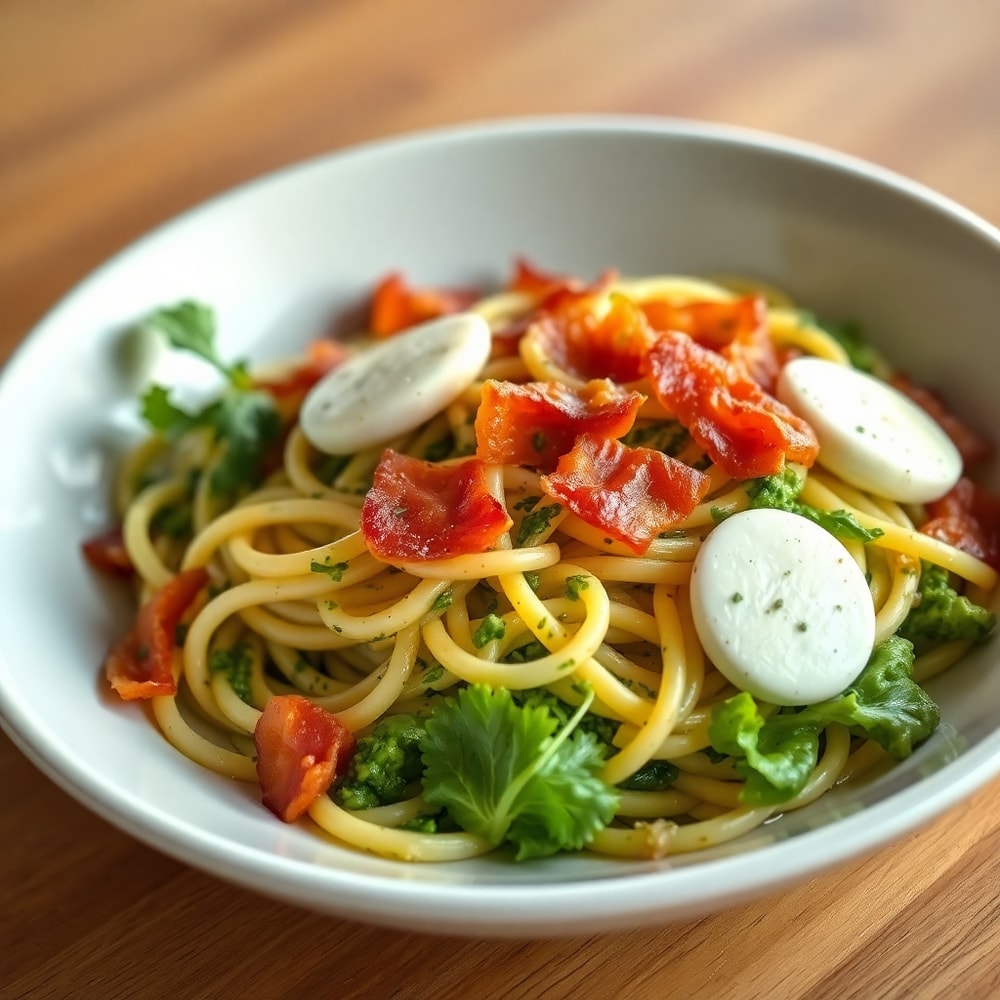 Pesto Pasta Salad with Crispy Bacon