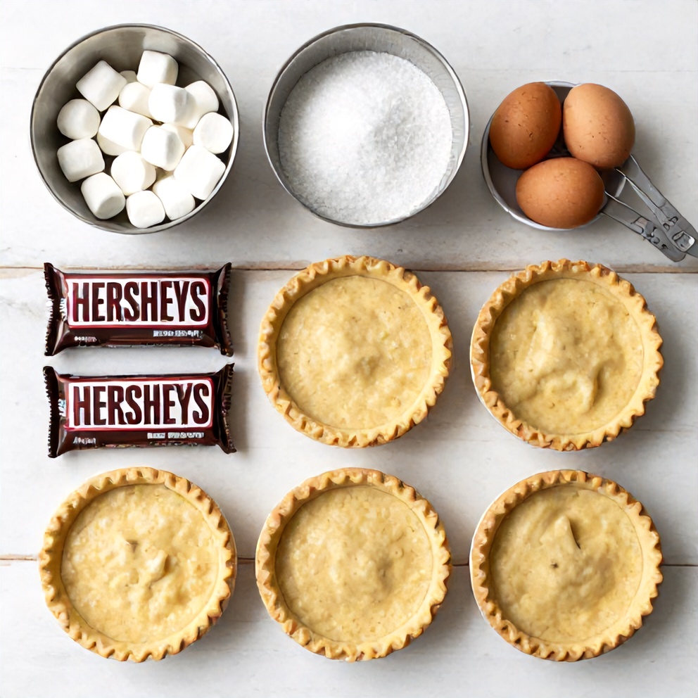 Ingredients for s'mores hand pies laid out on a wooden table