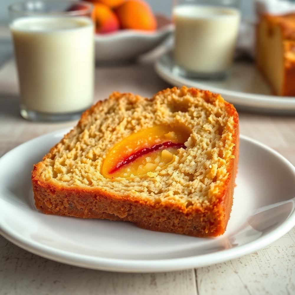 A slice of Easy Spiced Peach Bread served on a plate with a glass of milk