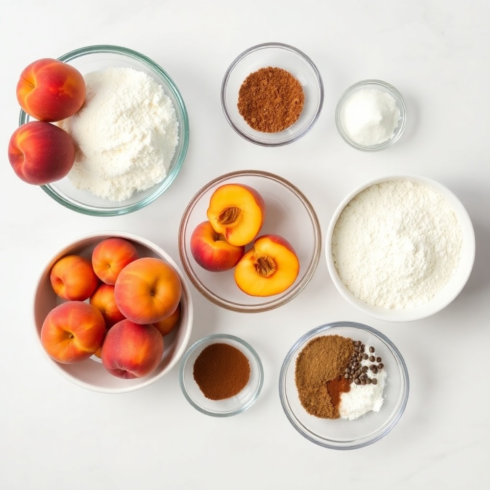 Raw ingredients for Easy Spiced Peach Bread including peaches, flour, sugar, and spices arranged in prep bowls