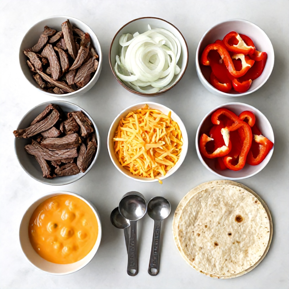 Raw ingredients for Steak Cheese Quesadillas on a white marble surface