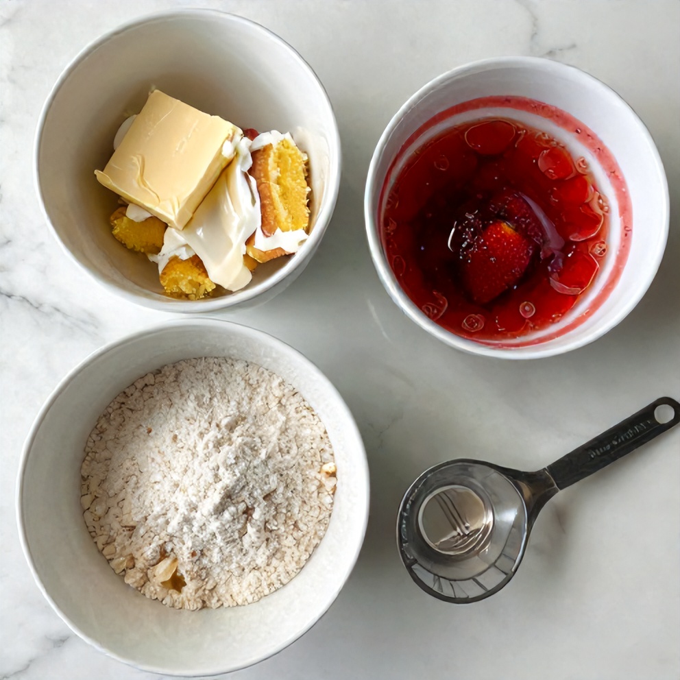 Strawberry Cheesecake Dump Cake ingredients on a marble counter