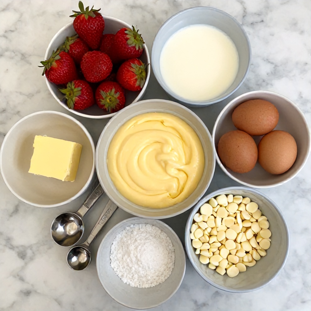 Strawberry Earthquake Cake ingredients on a marble counter