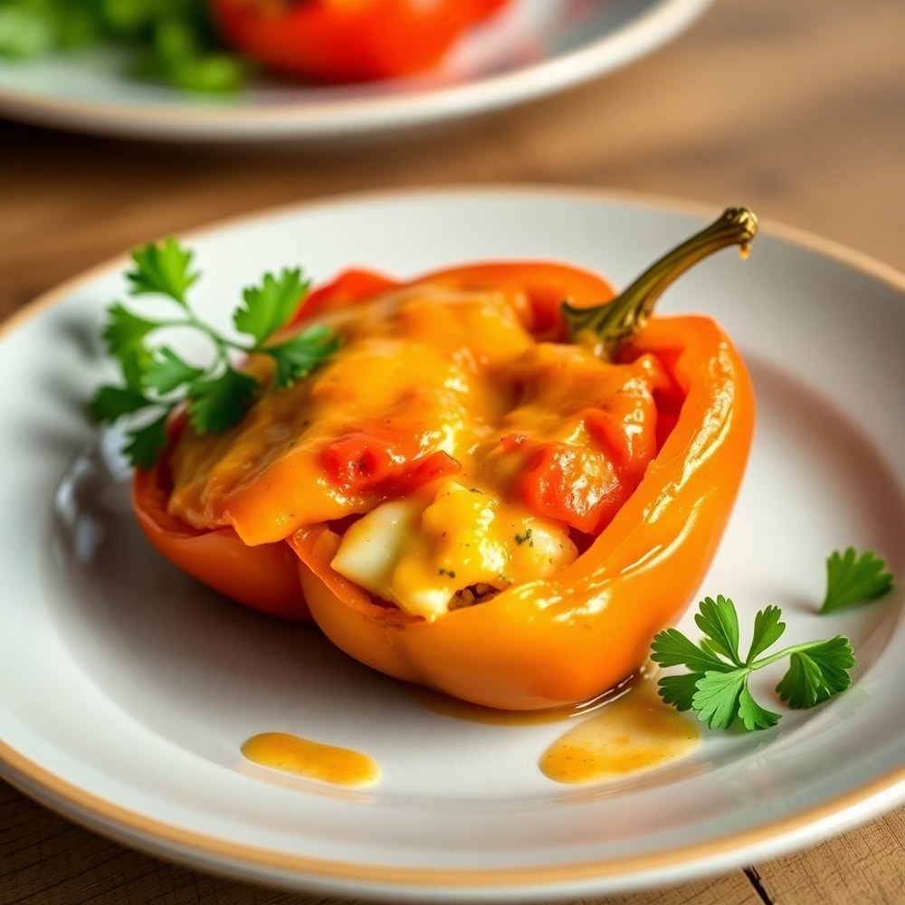 Easy Stuffed Bell Peppers plated with garnish