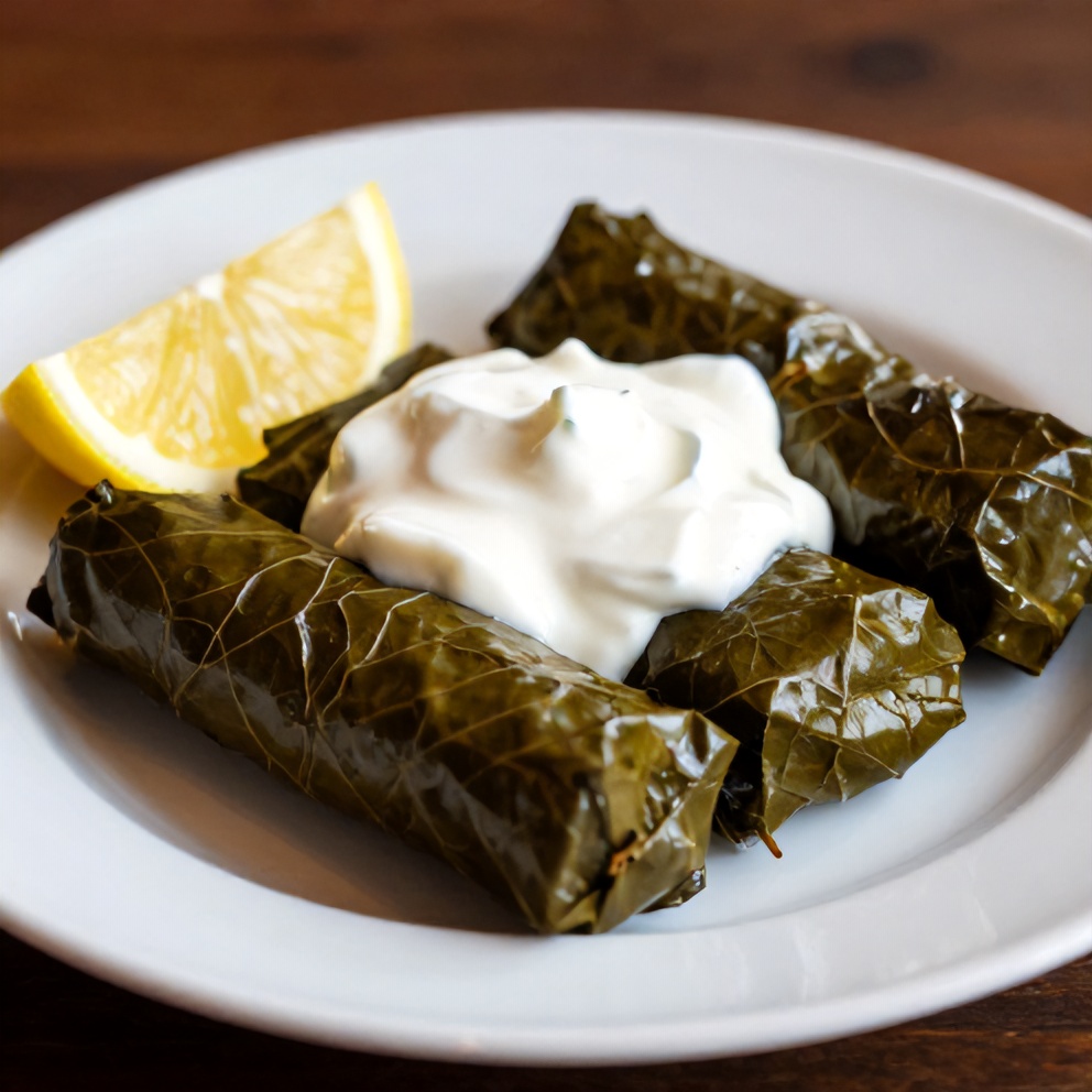 Plated stuffed grape leaves with lemon wedges