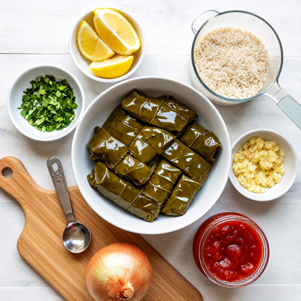 Raw ingredients for stuffed grape leaves