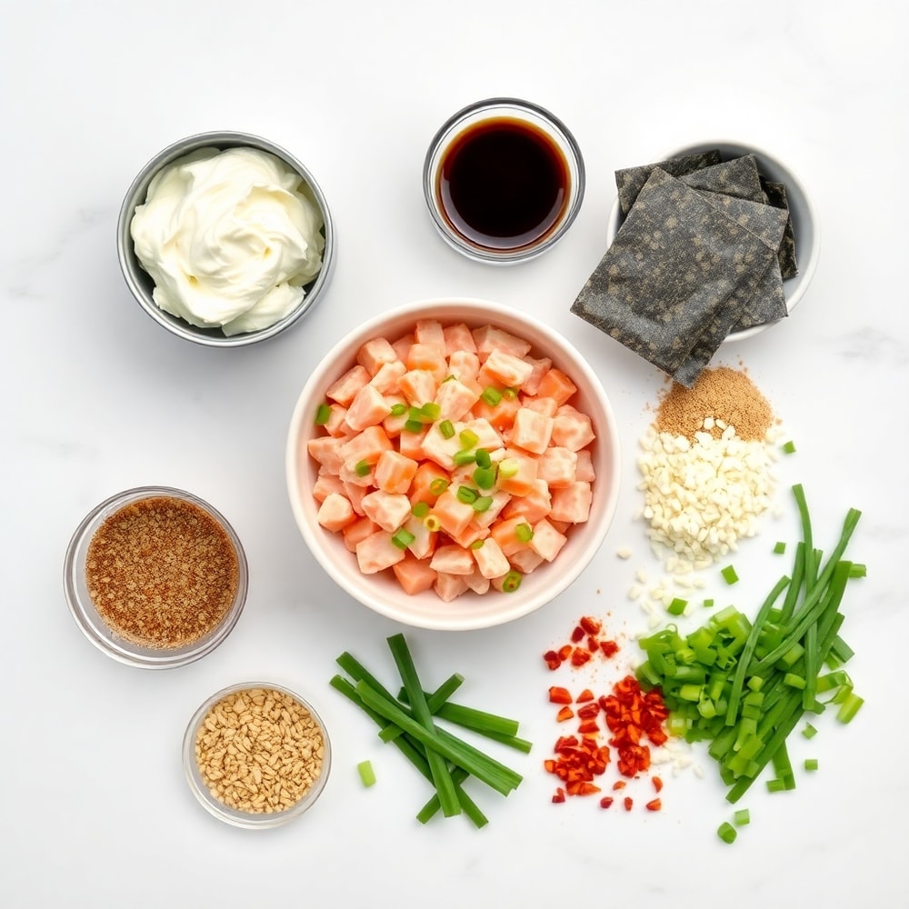 Raw ingredients for Easy Sushi Bake arranged in an overhead flat lay