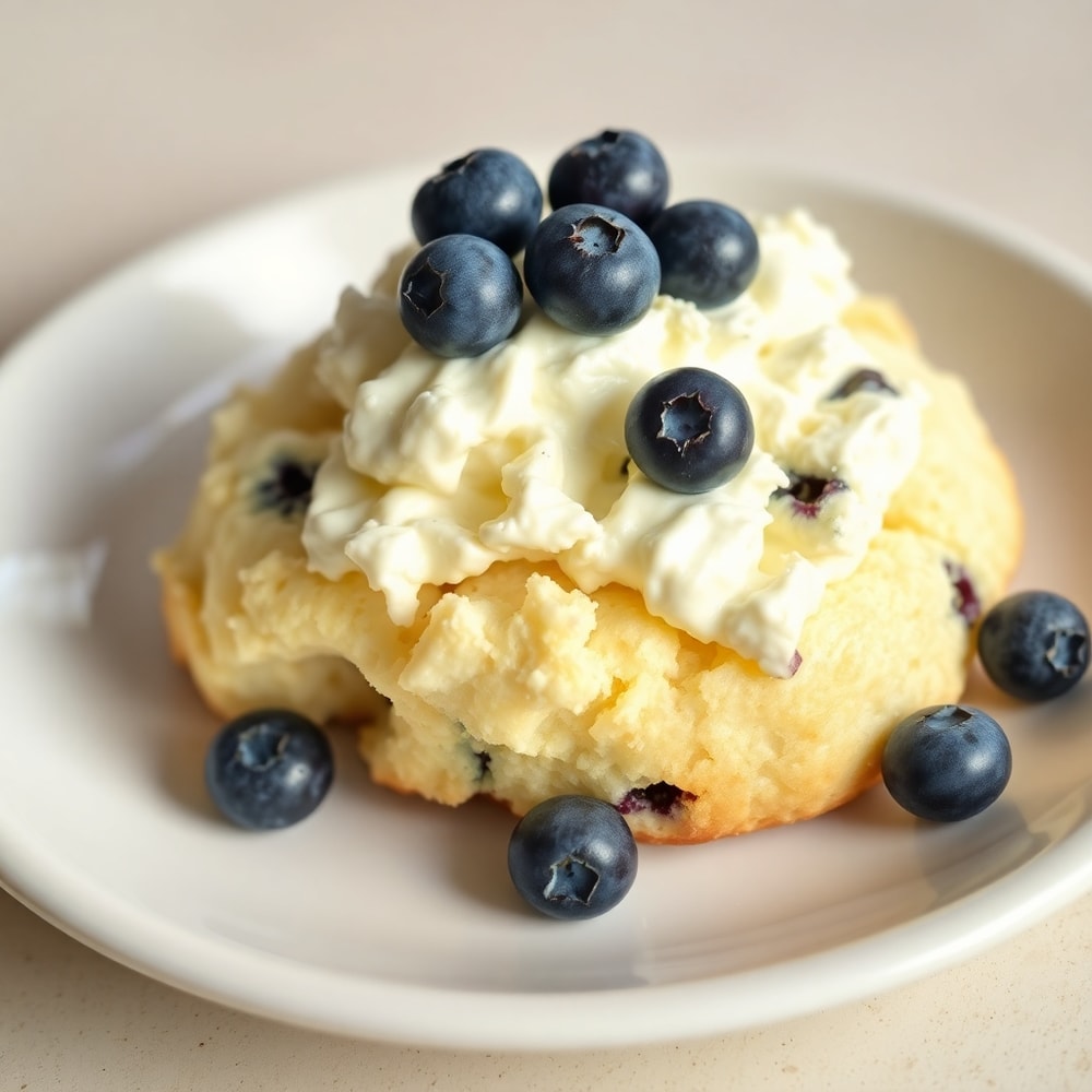 Plated Fluffy Cottage Cheese Blueberry Cloud Bread with a side of fresh blueberries