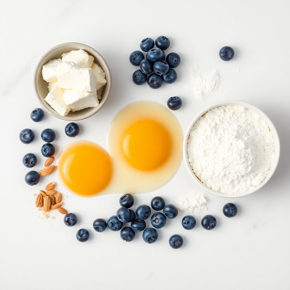 Blueberries, cottage cheese, eggs, almond flour, and baking powder arranged on a white marble surface