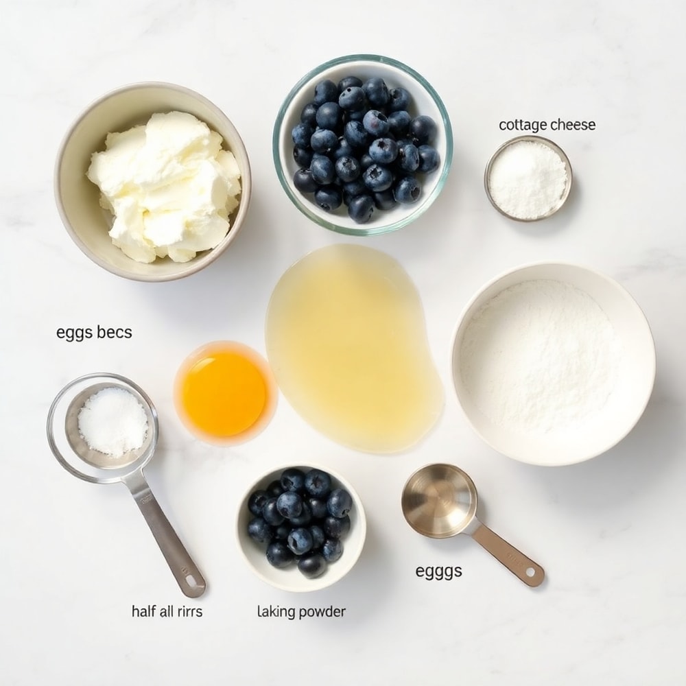 Ingredients for Fluffy Cottage Cheese Blueberry Cloud Bread on a marble surface