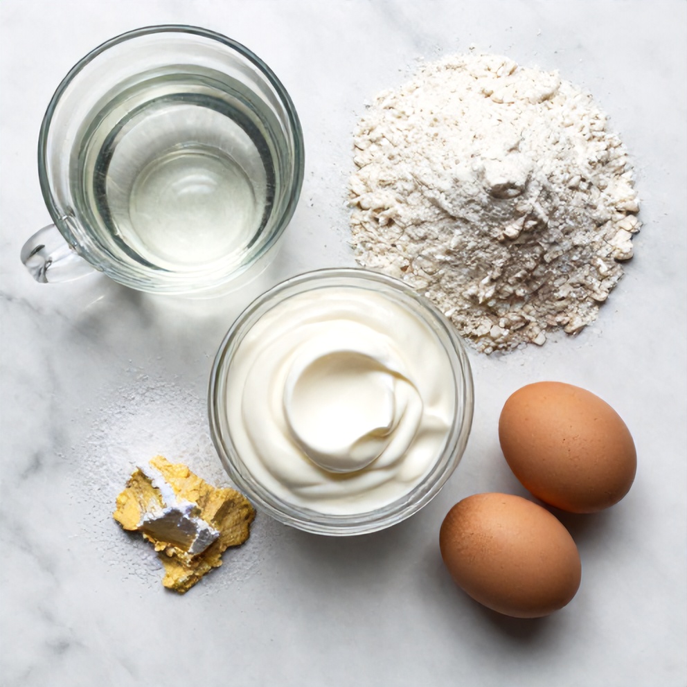Greek yogurt, flour, sugar, salt, yeast, and egg on a marble surface