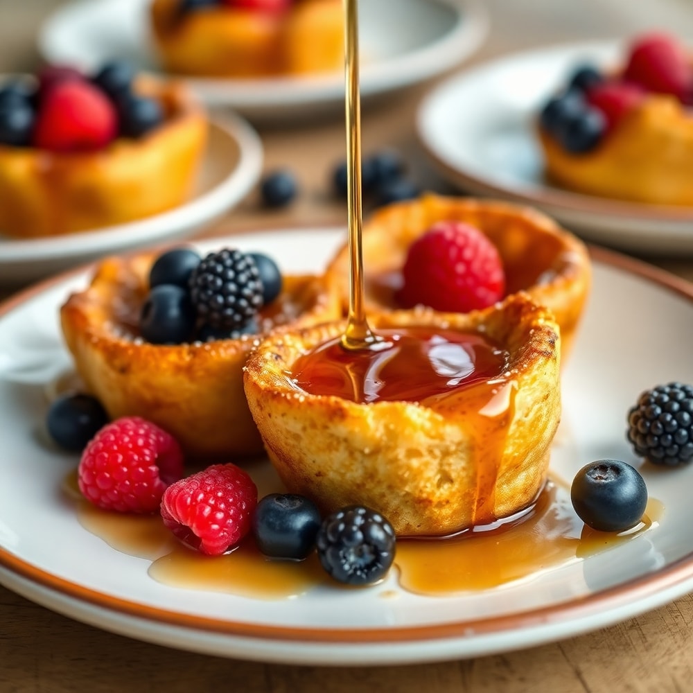 Plated French Toast Cups with fresh berries and maple syrup