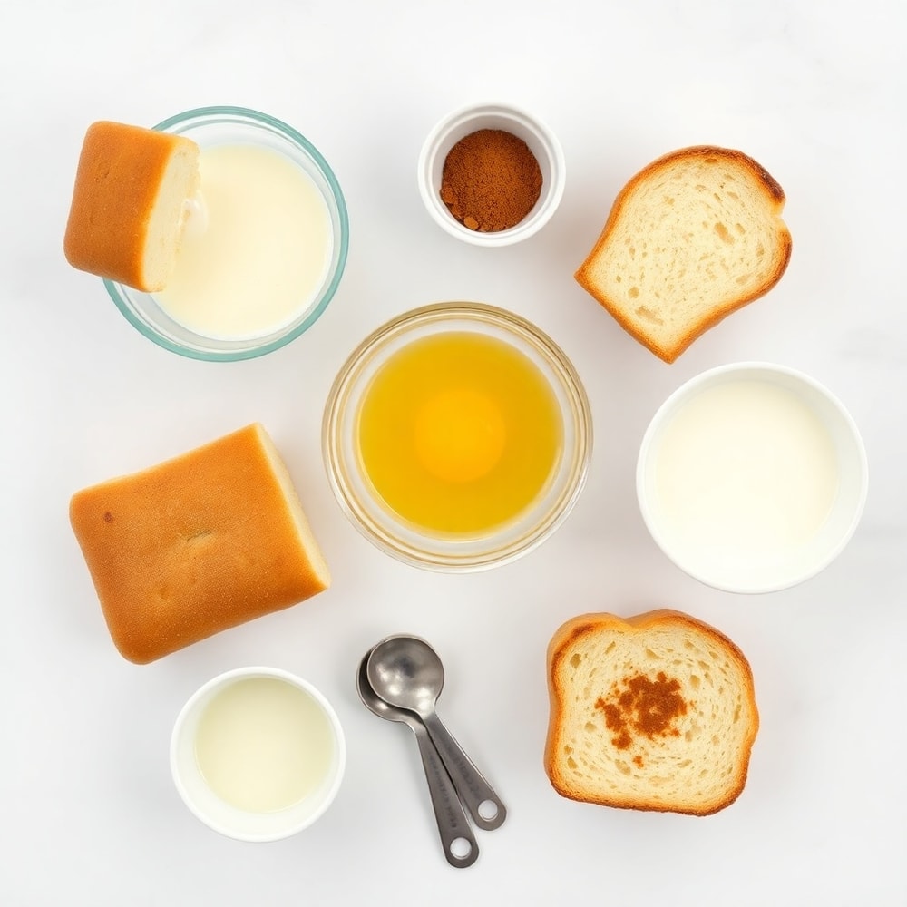 Raw ingredients for French Toast Cups including bread, eggs, milk, and cinnamon