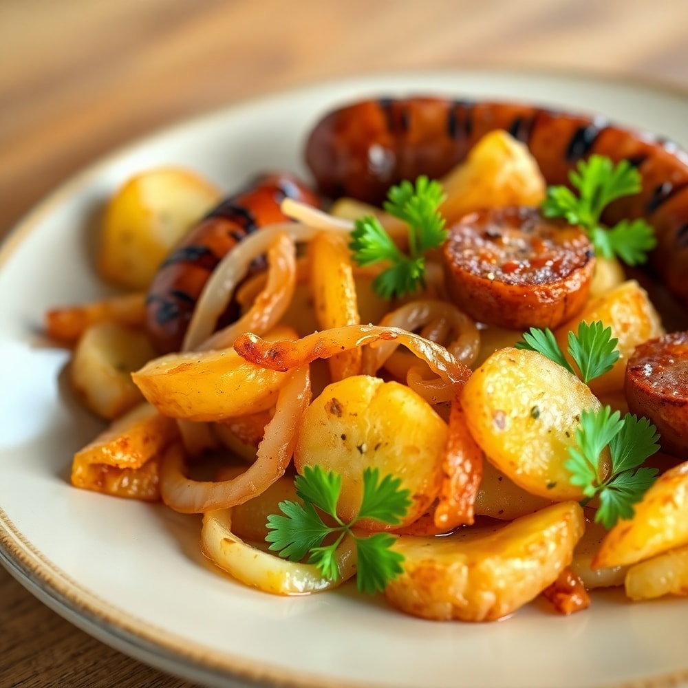 Plated crispy fried potatoes, onions, and smoked Polish sausage