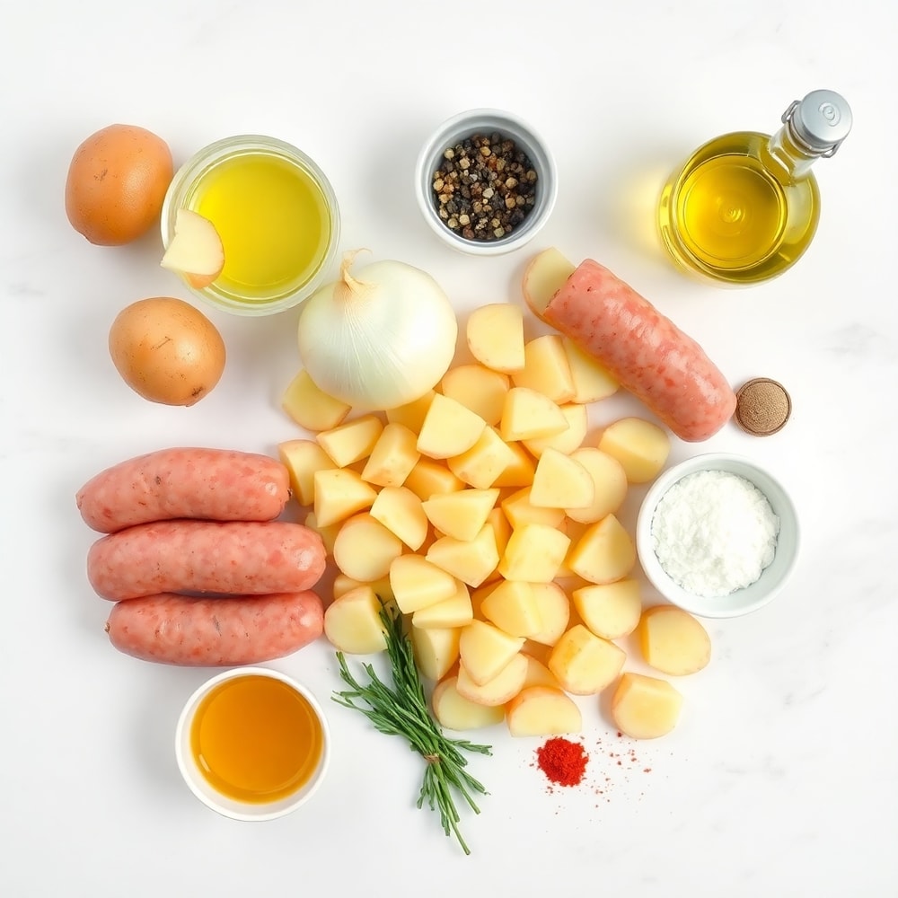 Raw ingredients for fried potatoes, onions, and smoked Polish sausage