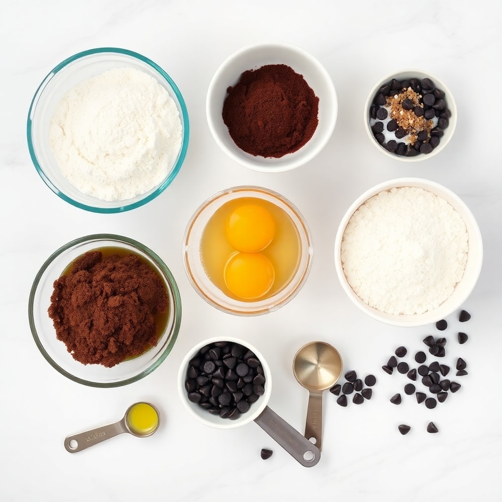 Raw ingredients for Fudgy Chocolate Brownie Cookies on a white marble surface