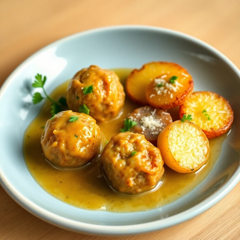 Garlic butter meatballs and potatoes plated