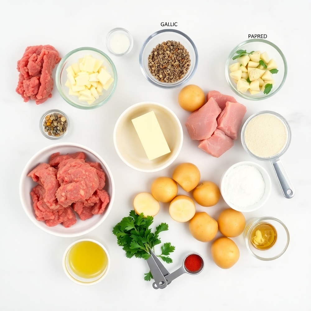 Raw ingredients for garlic butter meatballs and potatoes