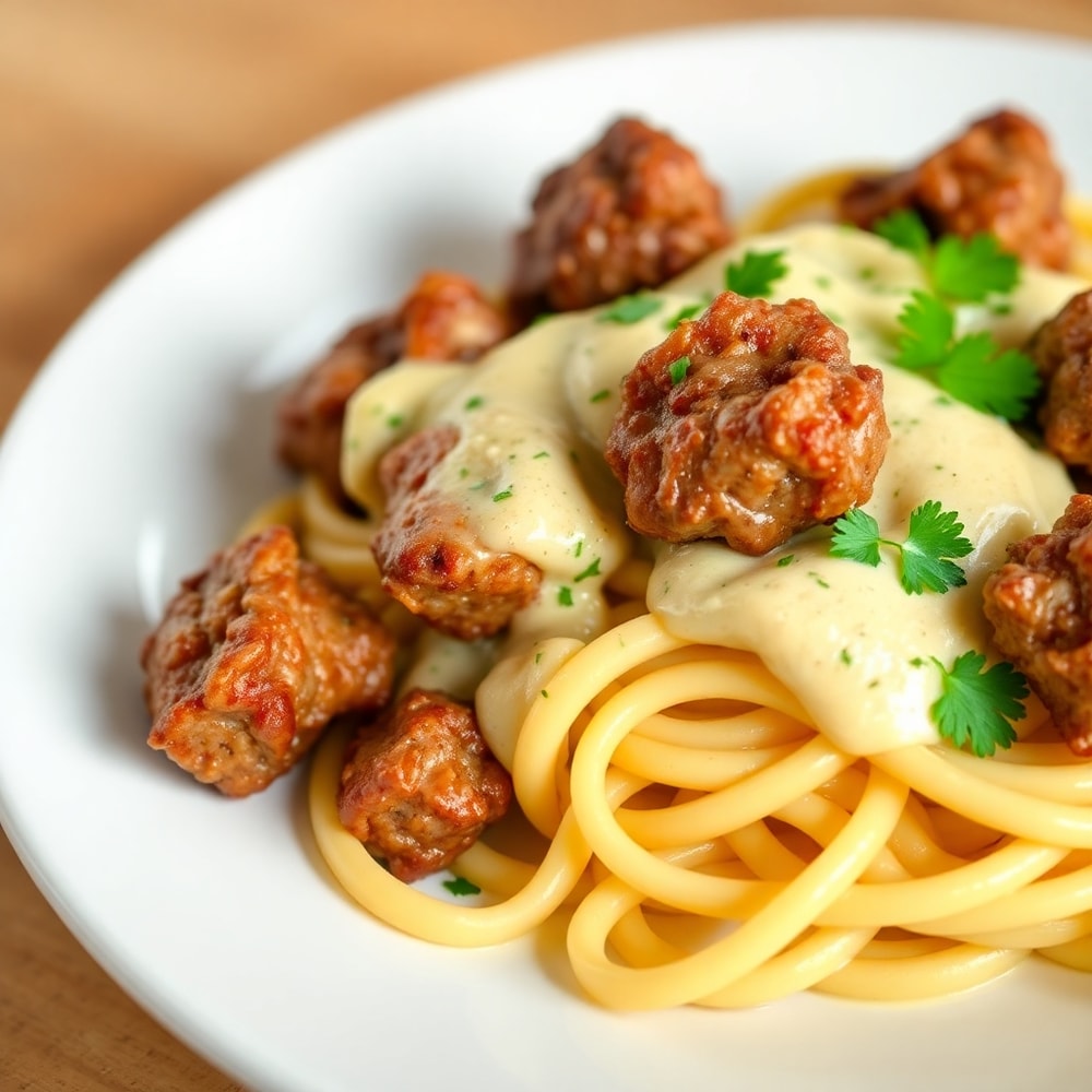Garlic Butter Steak Bites with Pasta & Parmesan Cream