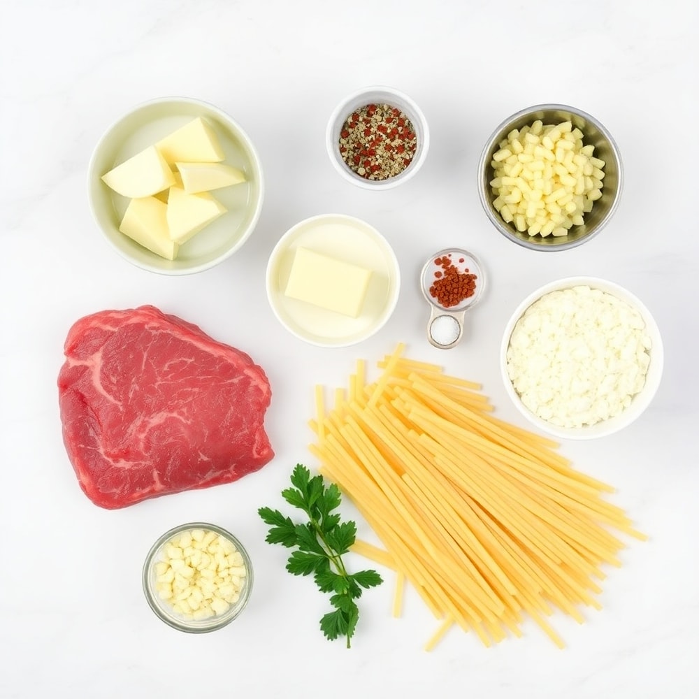 Raw Ingredients for Garlic Butter Steak Bites with Pasta & Parmesan Cream