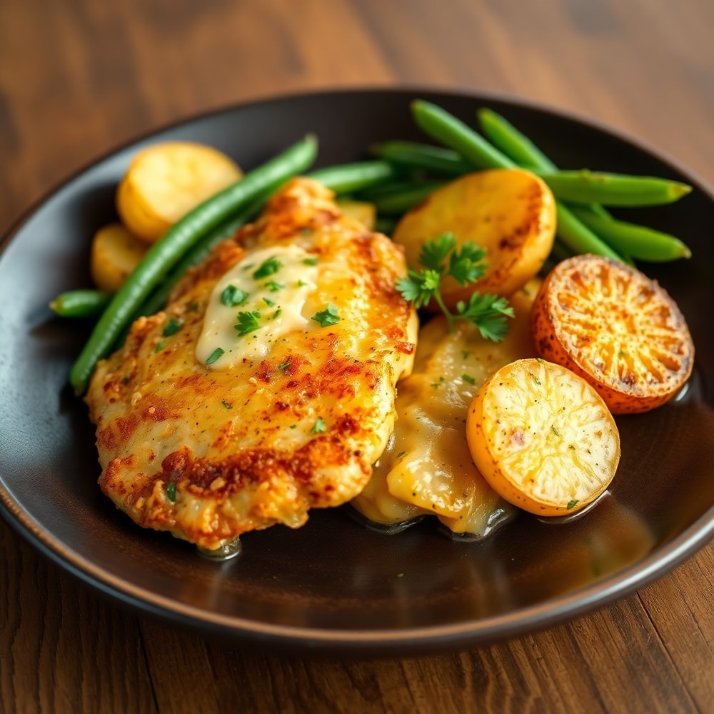 Plated Garlic Parmesan Chicken and Potatoes with a side of green beans
