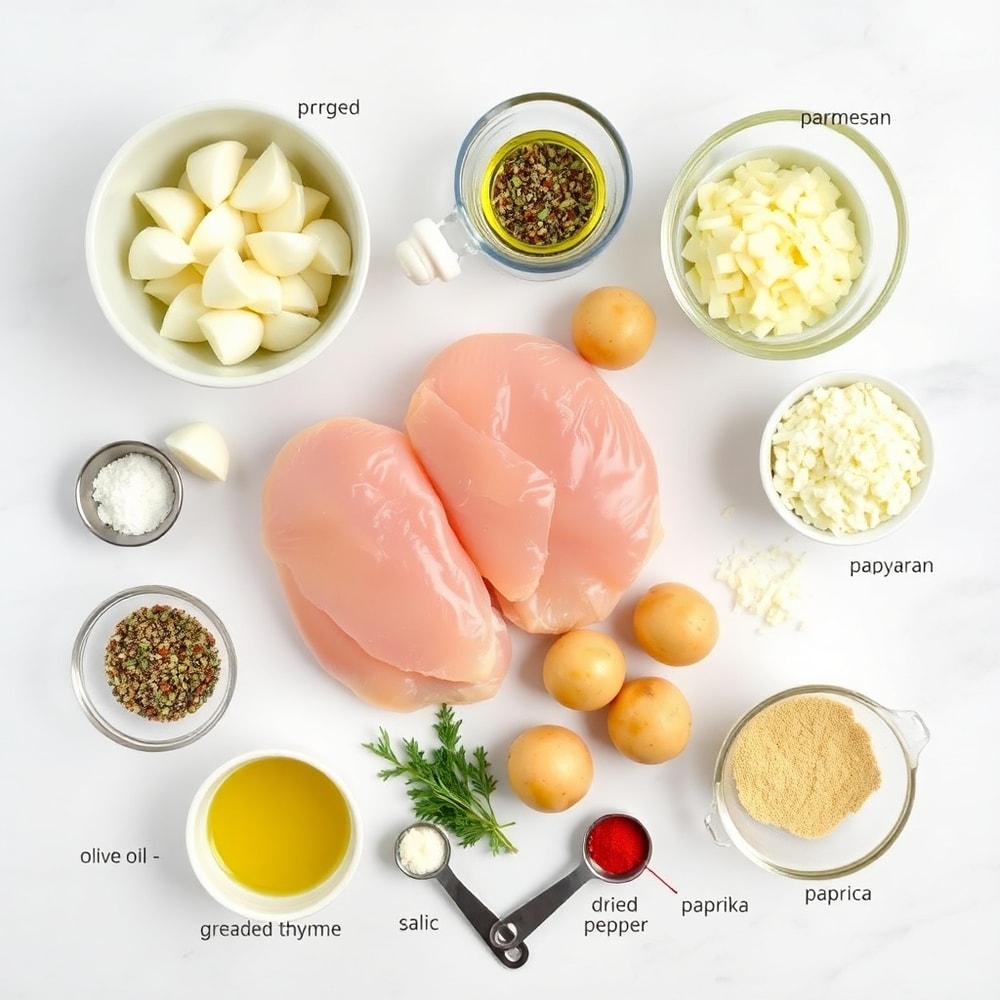 Raw ingredients for Garlic Parmesan Chicken and Potatoes laid out