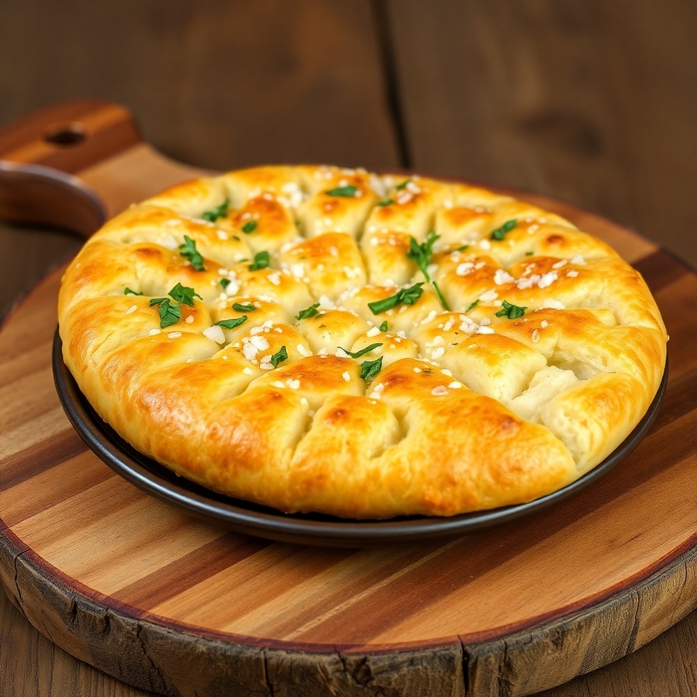 Sliced Garlic Parmesan Focaccia on a rustic plate