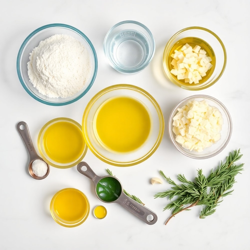 Garlic, flour, yeast, olive oil, and Parmesan cheese on a marble surface