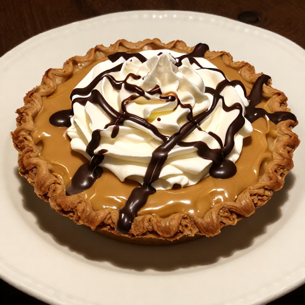 Sliced Giant Peanut Butter Cup Pie on a plate with whipped cream and chocolate drizzle