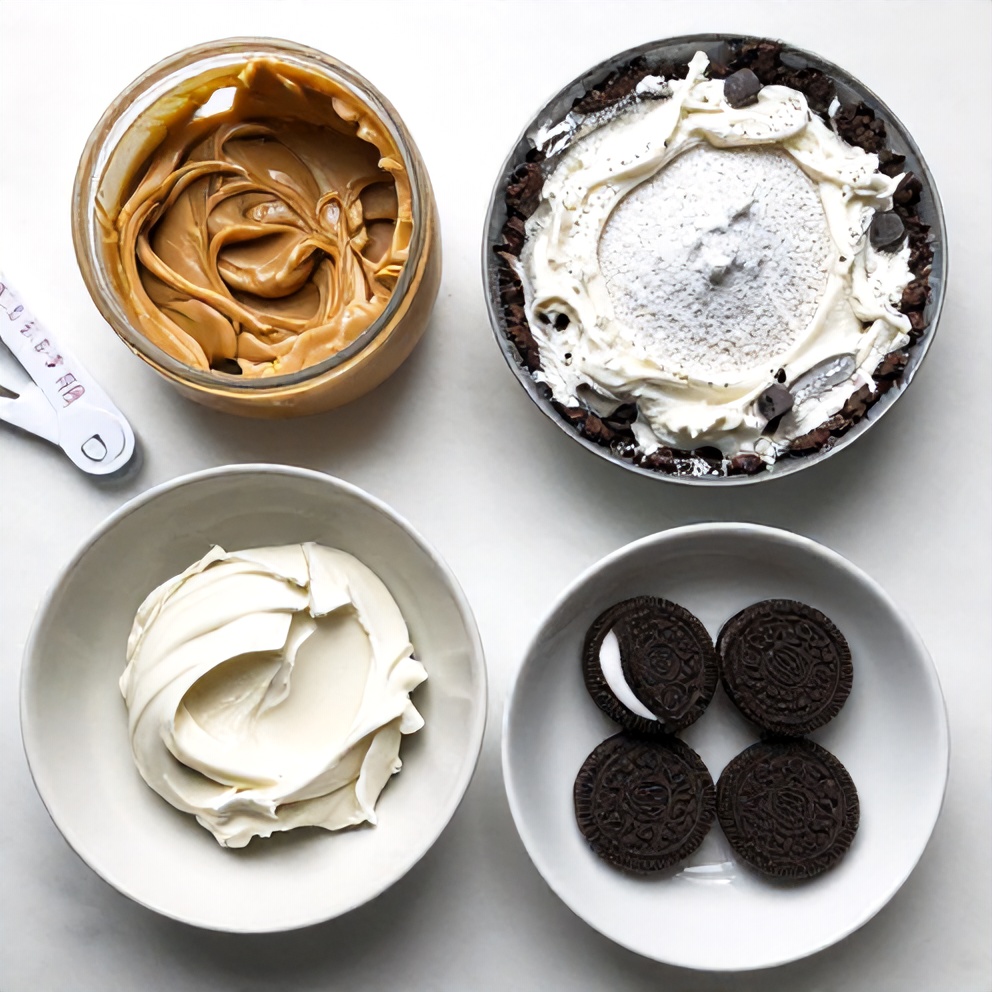 Giant Peanut Butter Cup Pie ingredients: peanut butter, cream cheese, powdered sugar, heavy cream, Oreo crust, Reese's cups