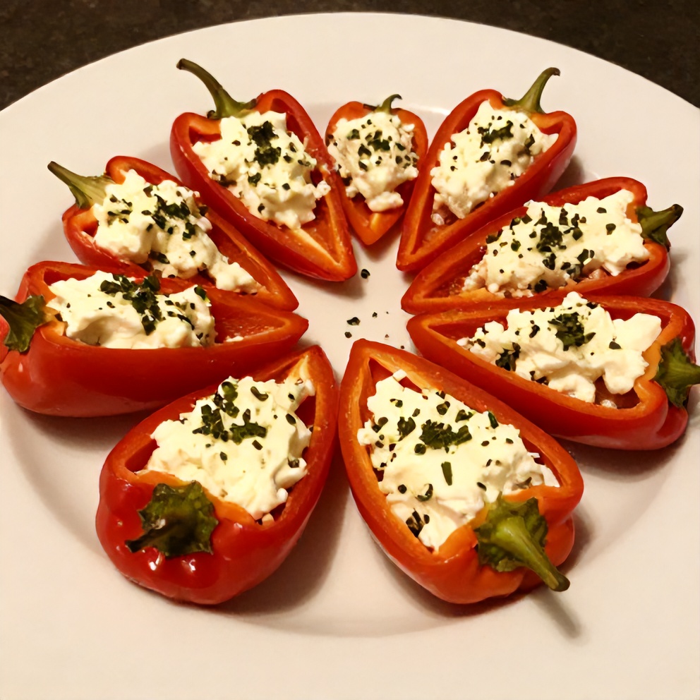 Plated goat cheese stuffed mini peppers with fresh herbs