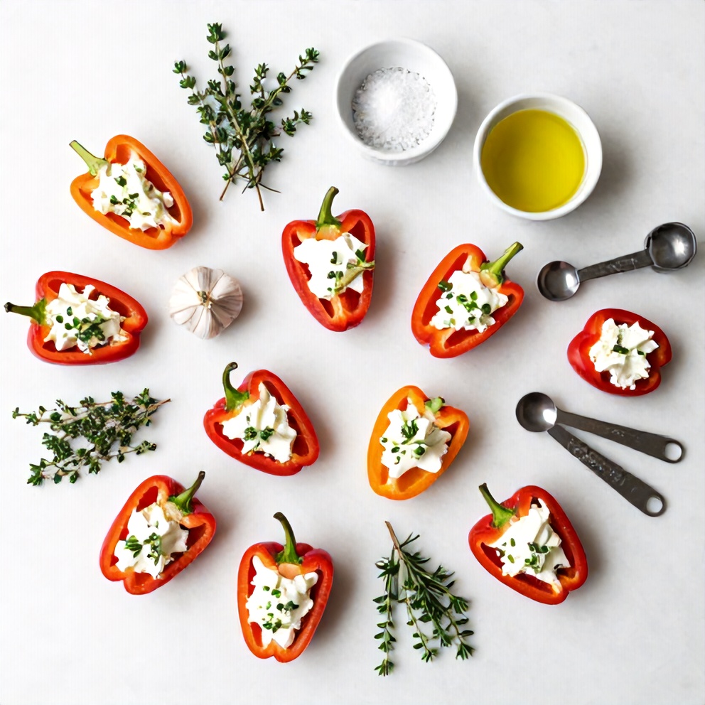 Raw ingredients for goat cheese stuffed mini peppers on a marble surface
