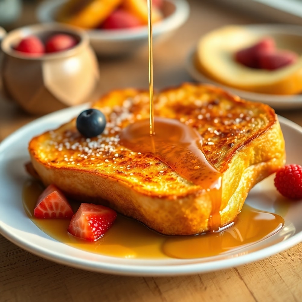 Golden French Toast on a plate with syrup and fresh fruit