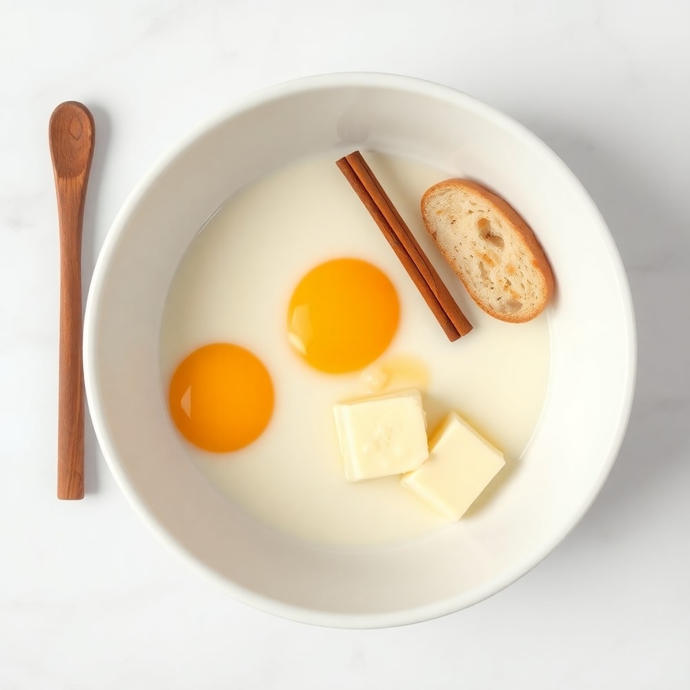 Eggs, milk, bread, cinnamon, vanilla, and butter in a bowl