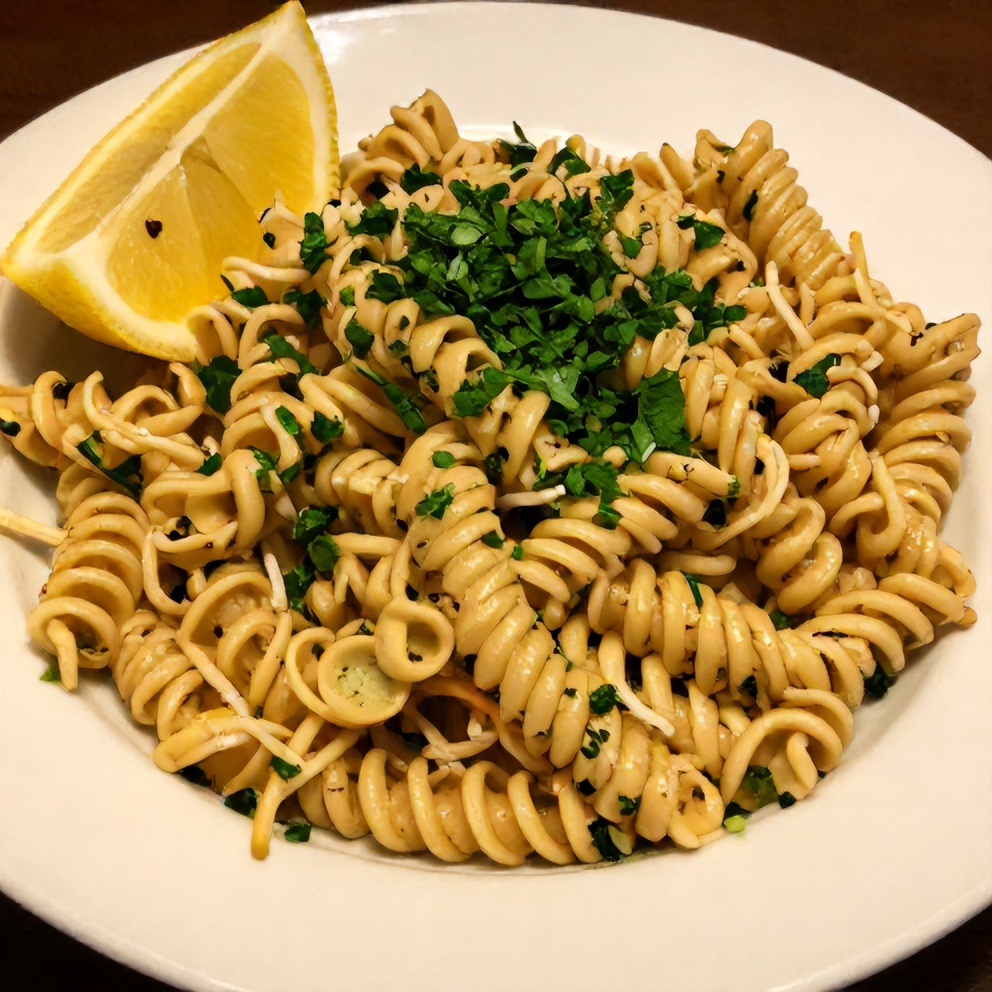 Greek Pasta Salad plated with fresh parsley and a lemon wedge