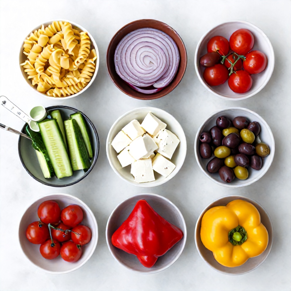 Greek Pasta Salad ingredients: pasta, cucumber, cherry tomatoes, red onion, feta cheese, olives, bell pepper