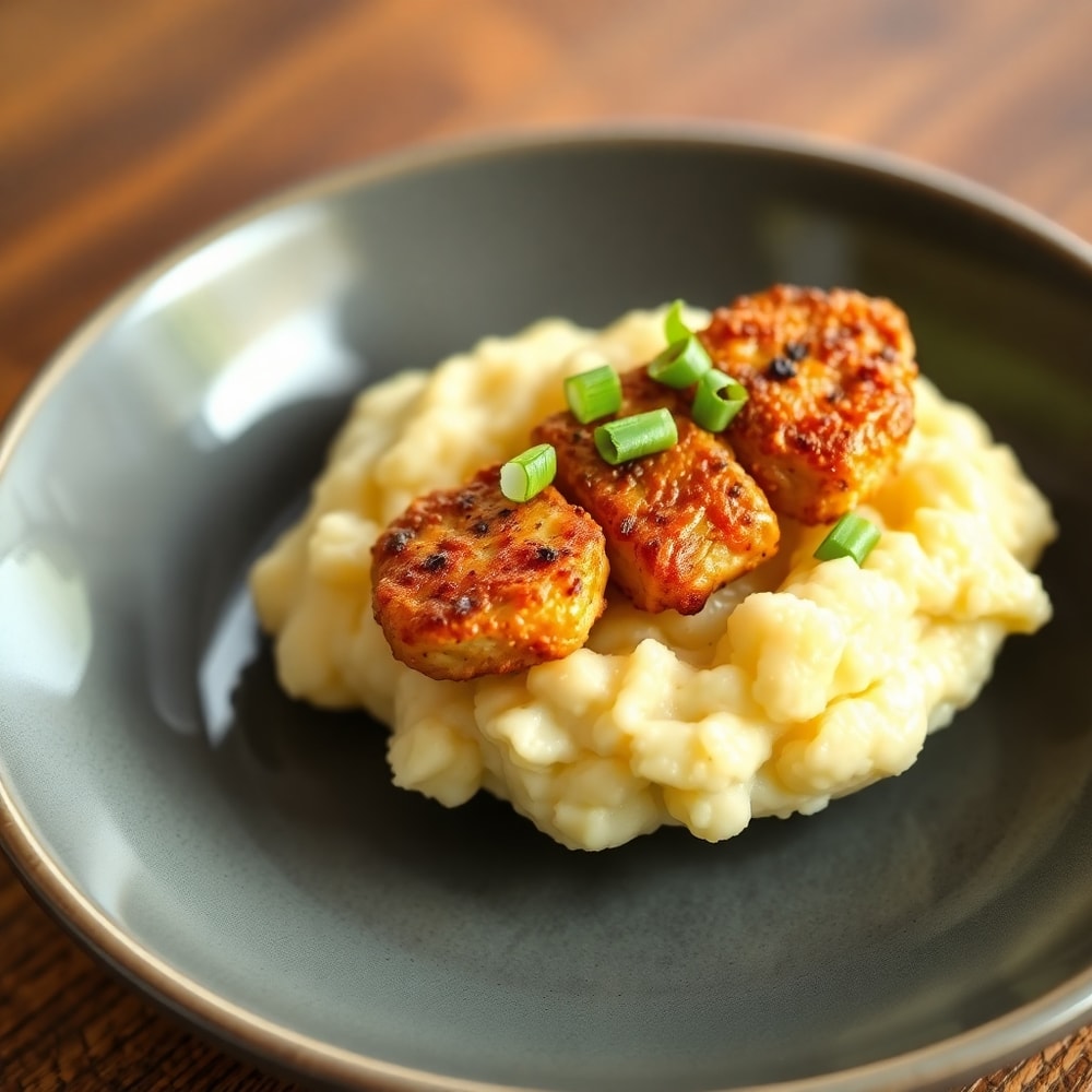 Crispy grilled chicken mashed potato bowl with green onions