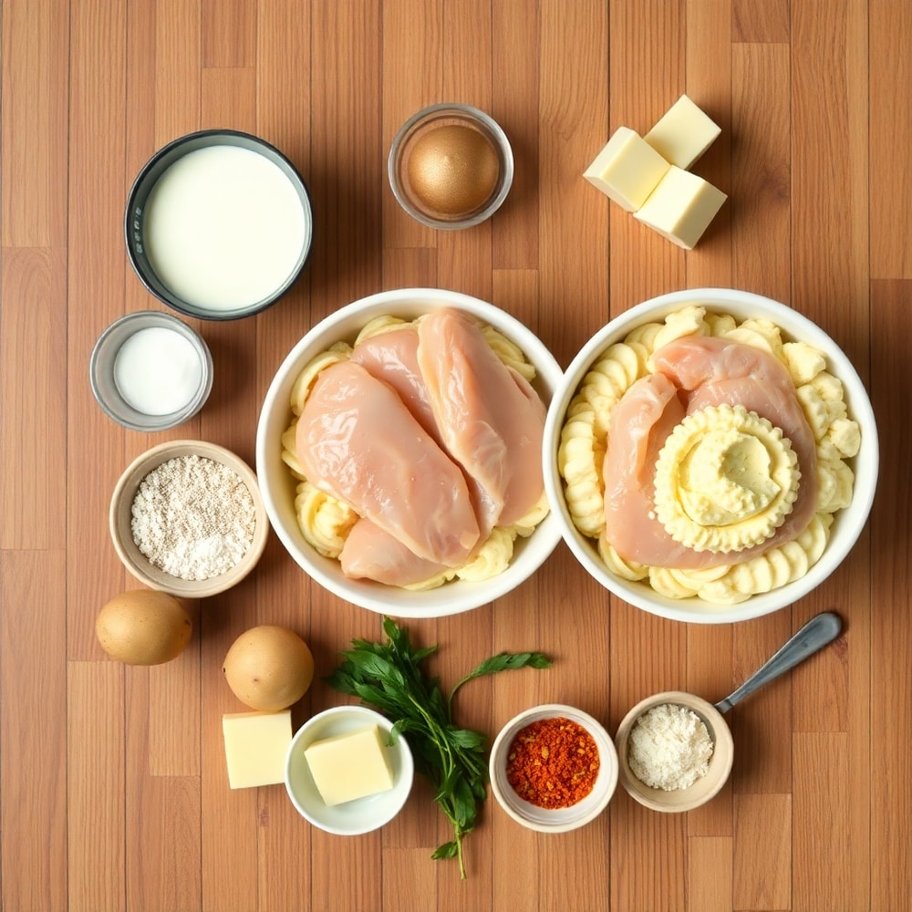 Raw ingredients for grilled chicken mashed potato bowls on a wooden surface