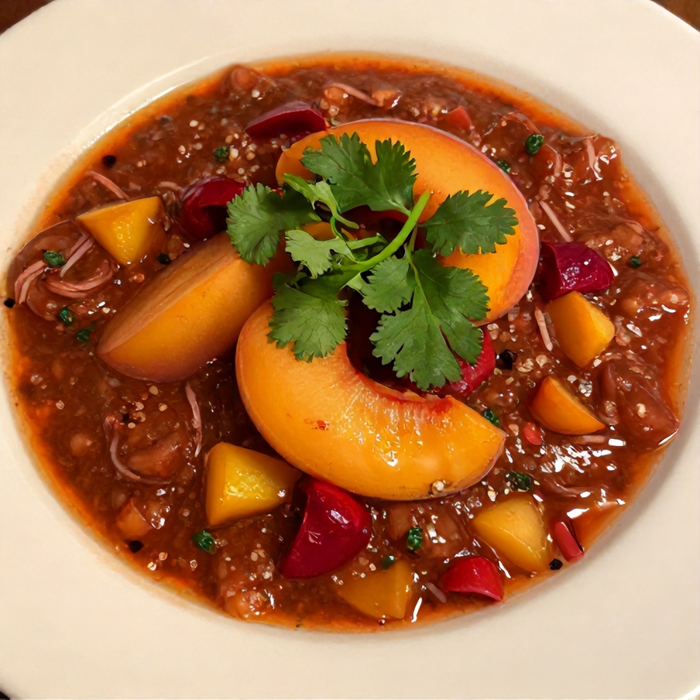 One perfect serving of Healthy Peach Cherry Salsa plated on a white dish, with fresh cilantro garnish, close crop, warm side lighting showing texture, and a hint of the dish's edge visible.