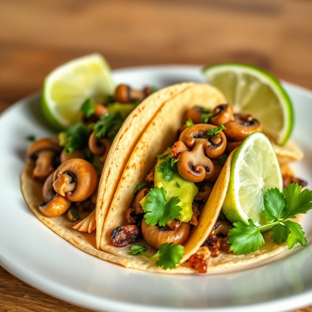 Plated Mushroom Tacos with avocado and lime