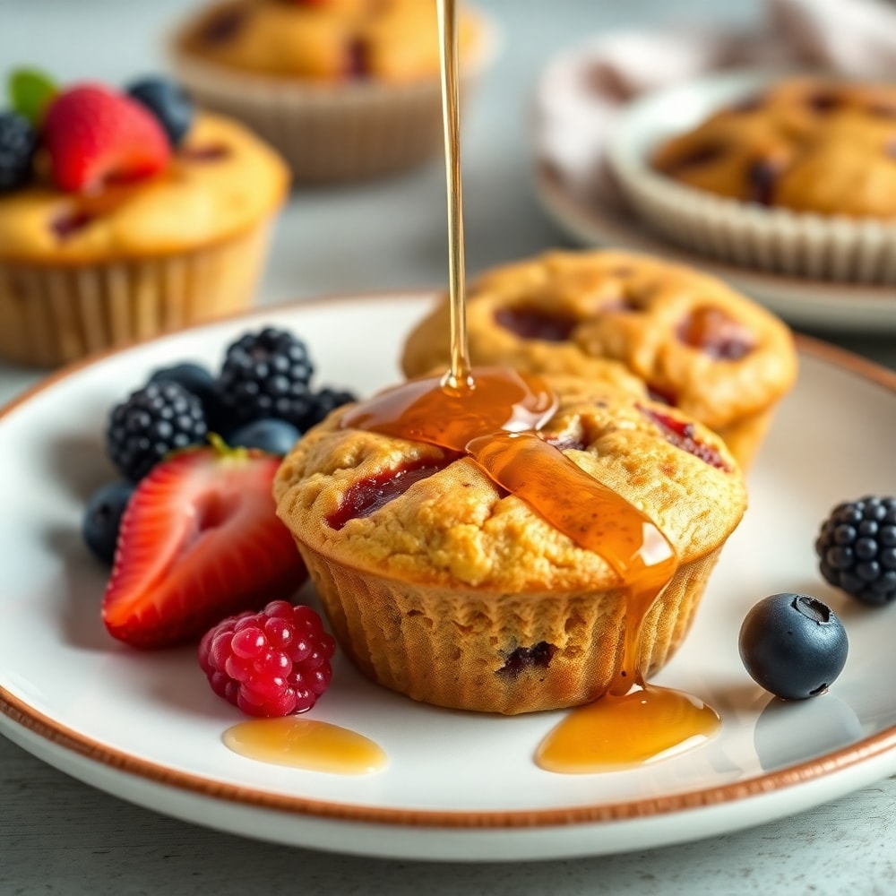 High protein pancake muffins plated with fresh berries and a drizzle of honey